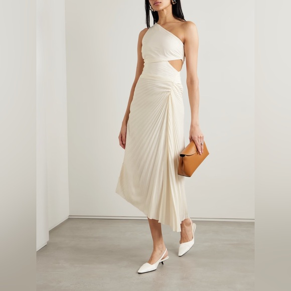 New A.L.C Dahlia Size 0 Pleated Asymmetric Midi Dress Cream Ivory One-Shoulder - Picture 2 of 10